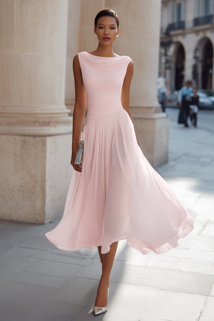 Simone™ Draped Neck Pleated Midi Dress in pink, front view