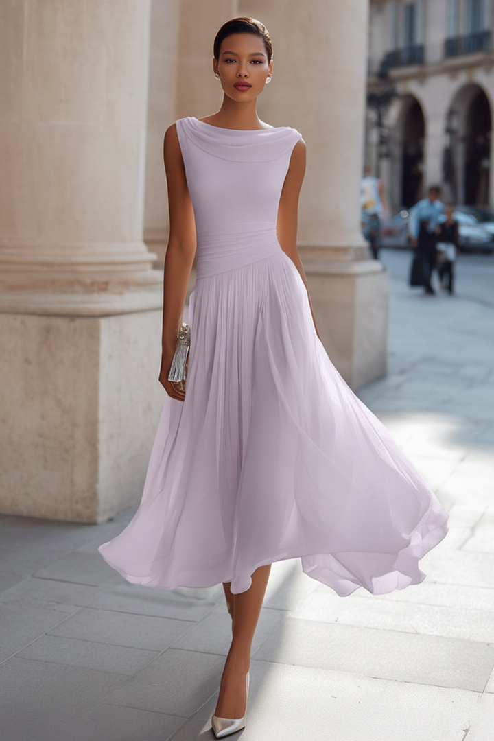 Simone™ Draped Neck Pleated Midi Dress in purple, front view