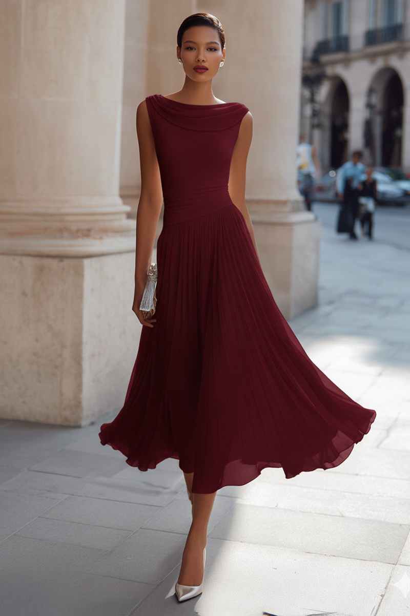 Simone™ Draped Neck Pleated Midi Dress in red, front view