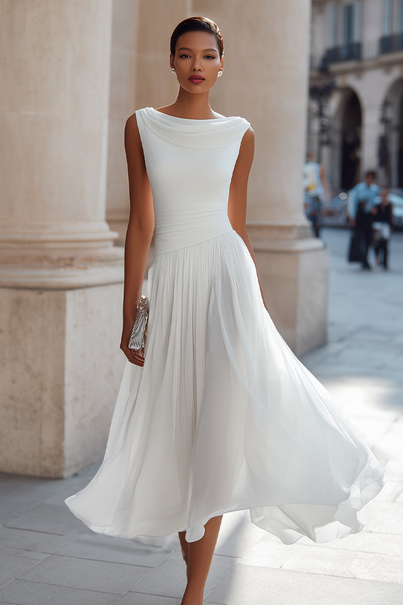 Simone™ Draped Neck Pleated Midi Dress in white, front view