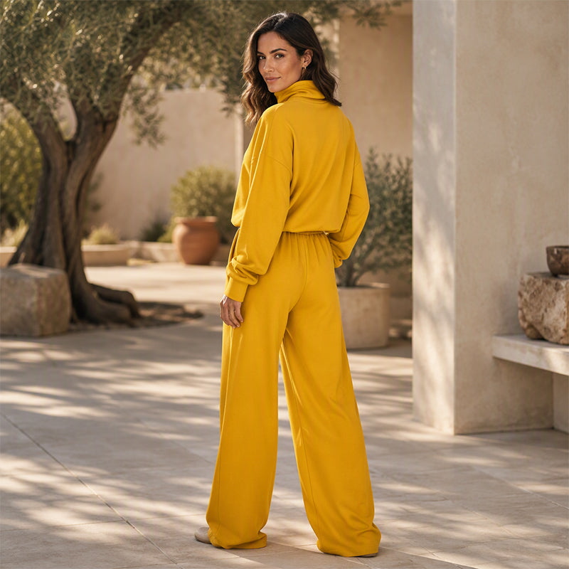 Dolores™ Turtleneck Wide-Leg Two-Piece Set worn outdoors, showing the wide-leg trousers