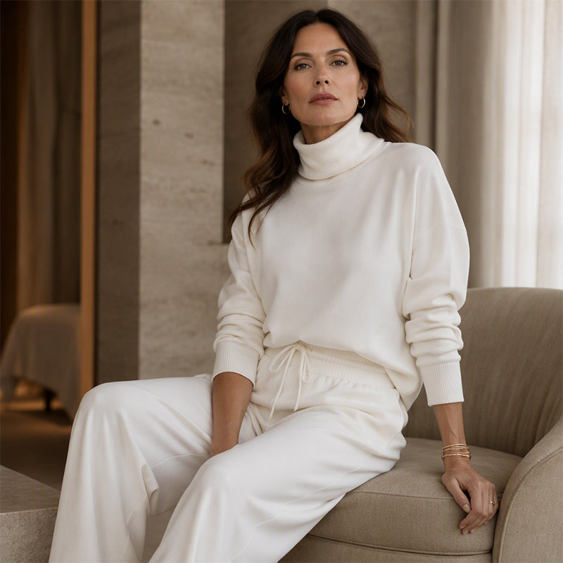 Dolores™ Turtleneck Wide-Leg Two-Piece Set seen seated, showing the roll neck