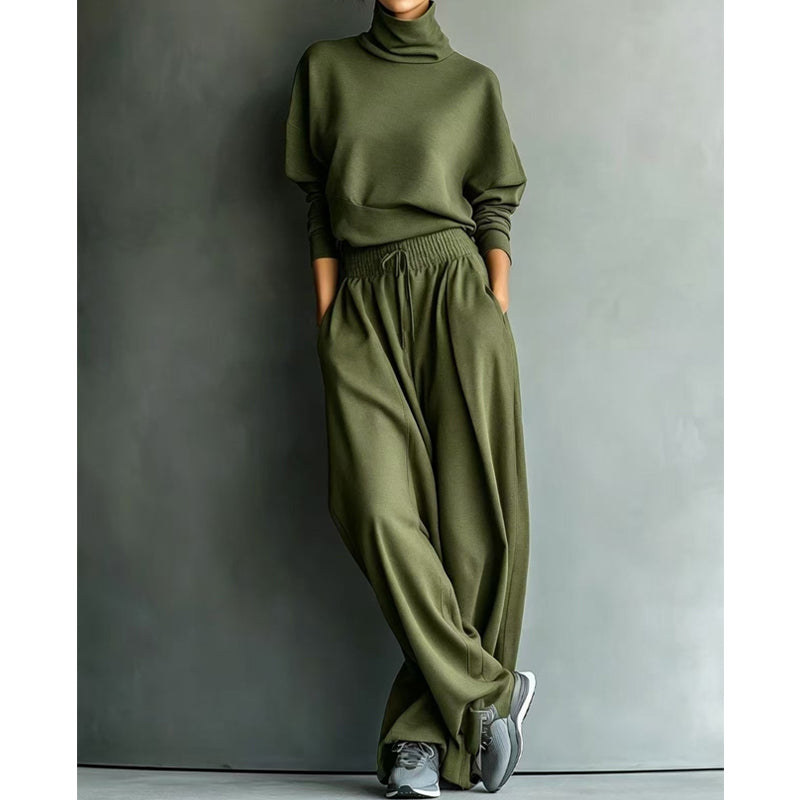 Dolores™ Turtleneck Wide-Leg Two-Piece Set in Olive, shown on a model