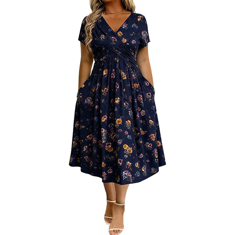 Theresa™ Floral Twist Waist Dress in navy floral, front view