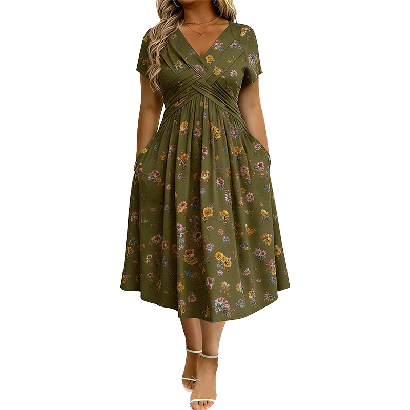 Theresa™ Floral Twist Waist Dress in olive floral, front view