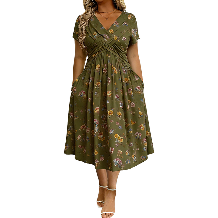 Theresa™ Floral Twist Waist Dress in olive floral, front view