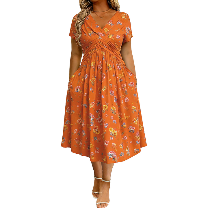 Theresa™ Floral Twist Waist Dress in orange floral, front view