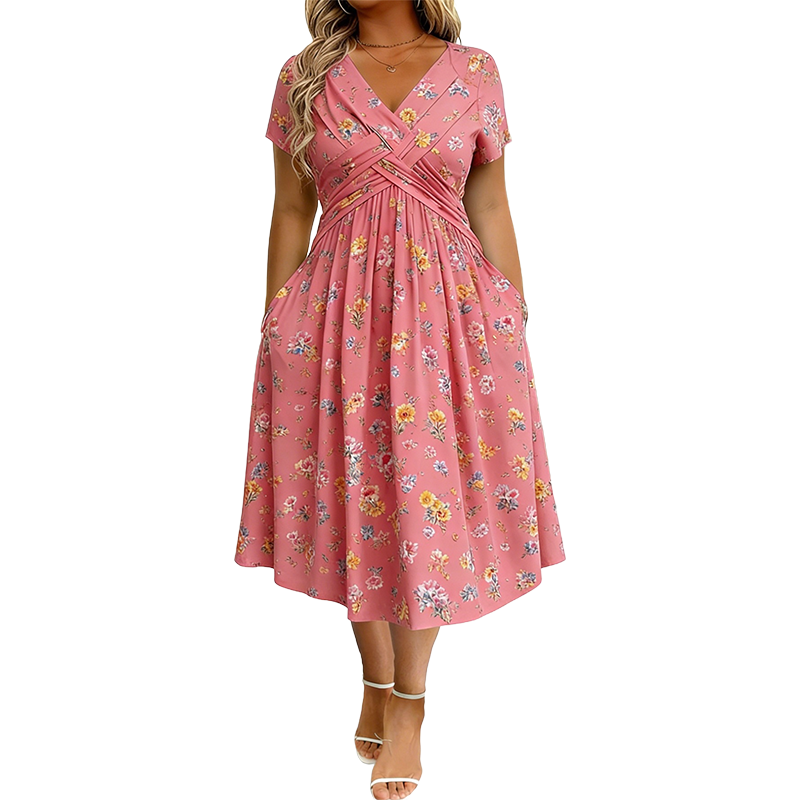 Theresa™ Floral Twist Waist Dress in pink floral, front view