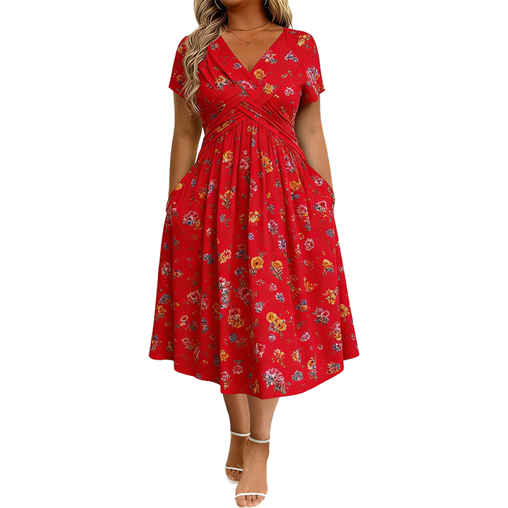 Theresa™ Floral Twist Waist Dress in red floral, front view