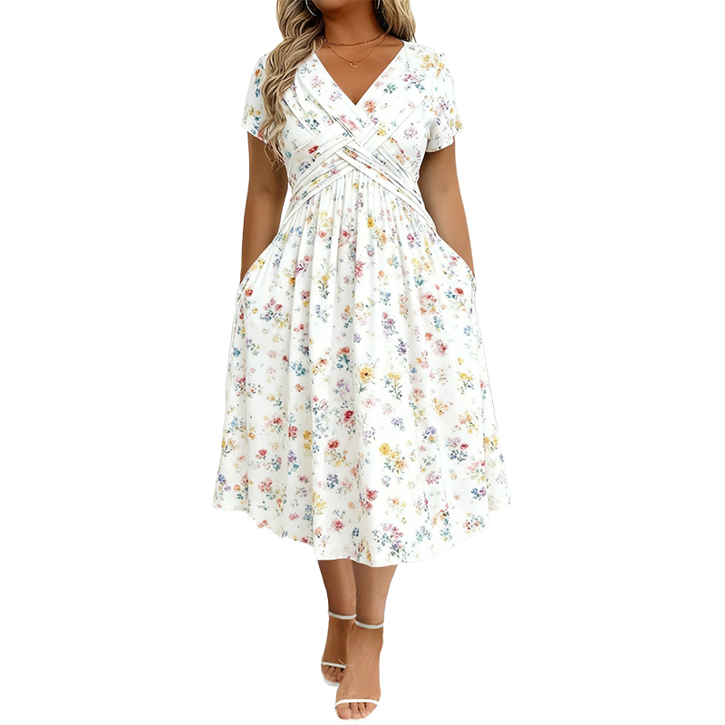 Theresa™ Floral Twist Waist Dress in white floral, front view