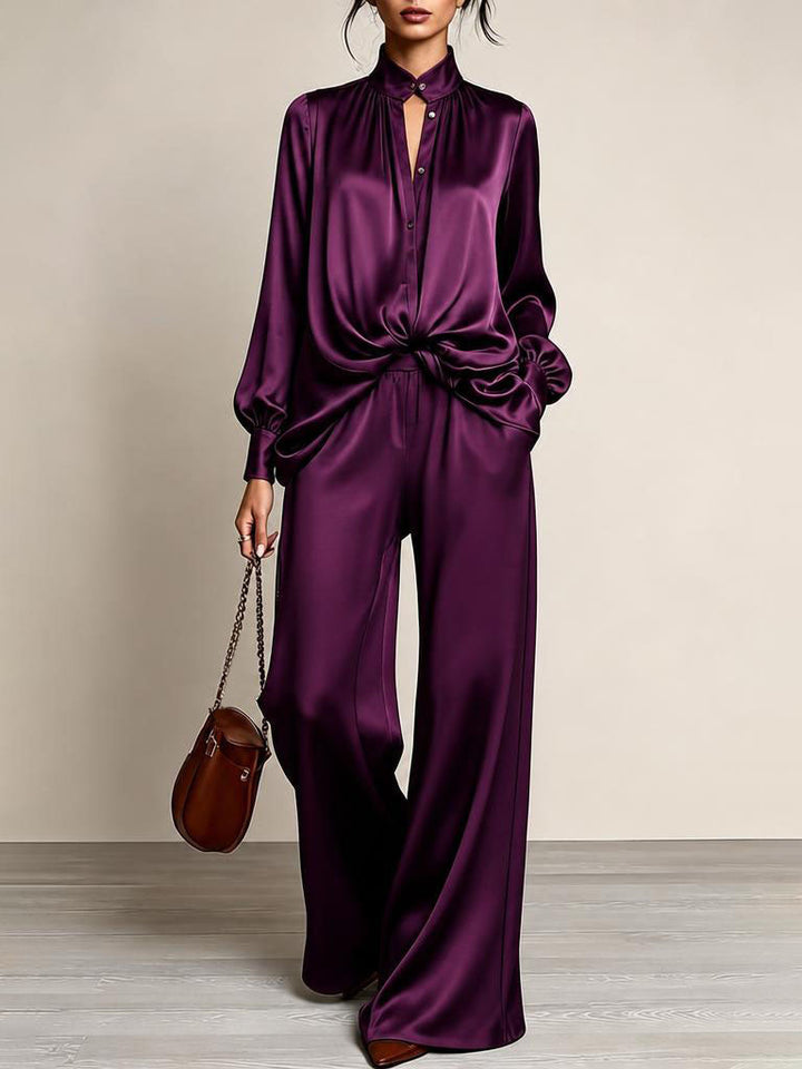 Gertrude™ Gathered Waist Wide-Leg Two-Piece Set in Plum, full outfit