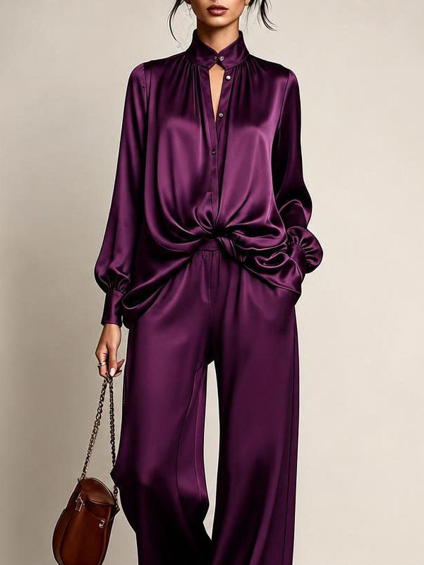 Gertrude™ Gathered Waist Wide-Leg Two-Piece Set in Plum, stand collar and button front