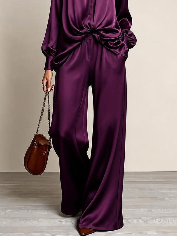 Gertrude™ Gathered Waist Wide-Leg Two-Piece Set in Plum, sculpted gathered waist