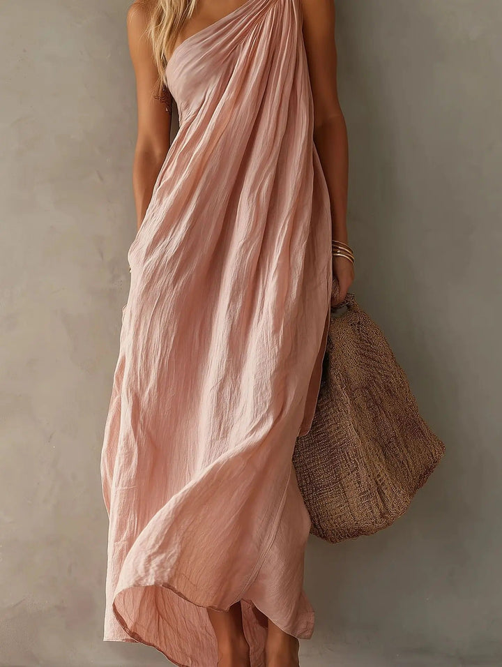 Leta™ Draped Asymmetrical Maxi Dress, in Pink, full length