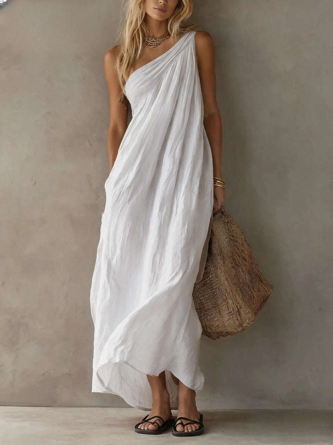 Leta™ Draped Asymmetrical Maxi Dress, in White, full length
