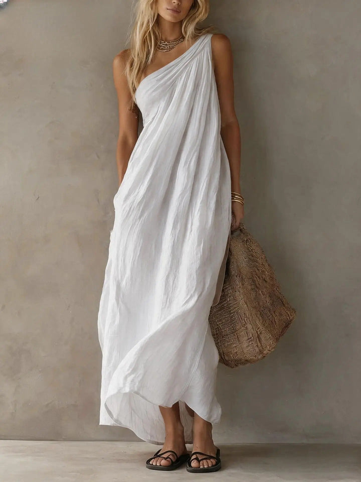 Leta™ Draped Asymmetrical Maxi Dress, in White, full length