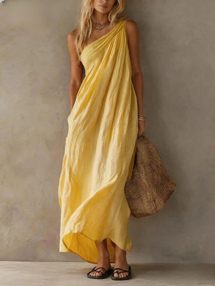 Leta™ Draped Asymmetrical Maxi Dress, in Yellow, full length