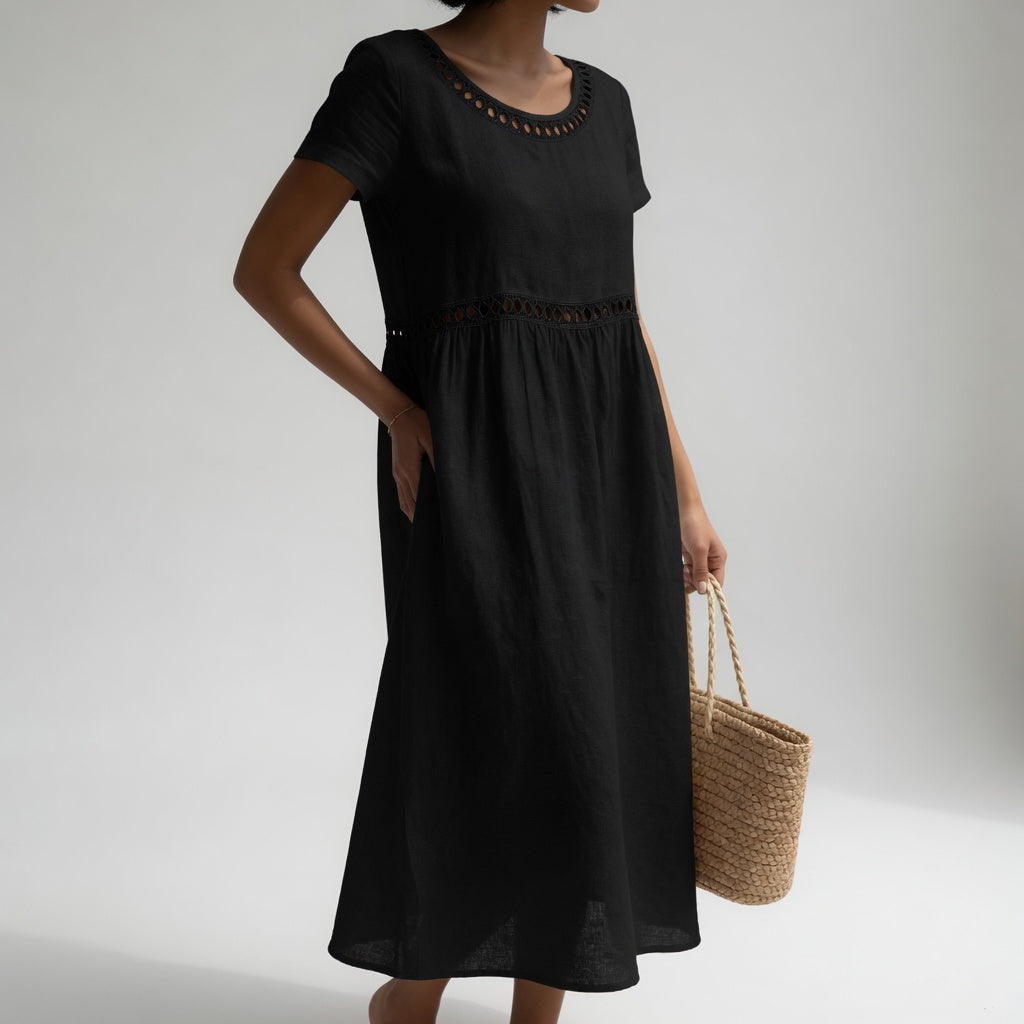 Virginia™ Eyelet Trim Midi Dress in black, front view