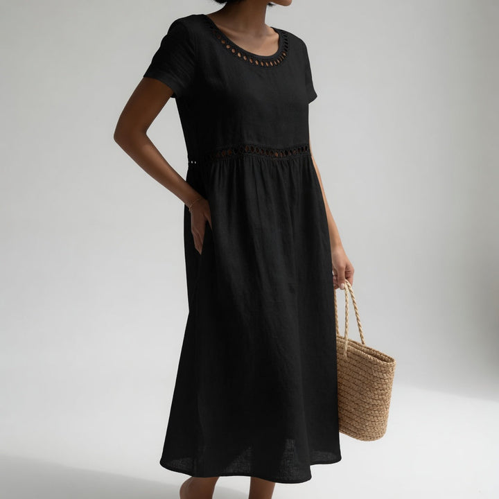 Virginia™ Eyelet Trim Midi Dress in black, front view