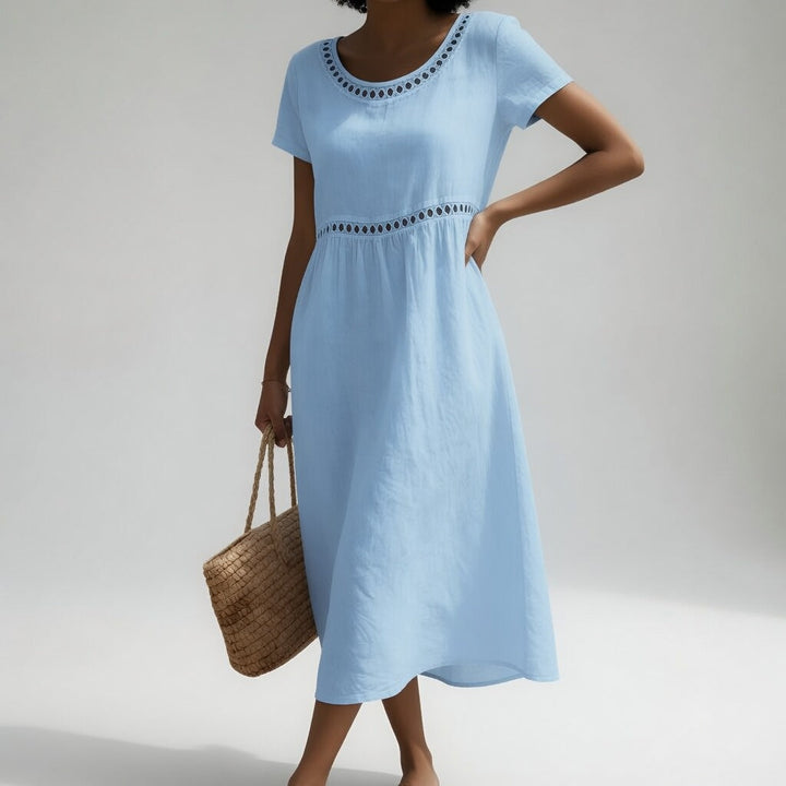 Virginia™ Eyelet Trim Midi Dress in blue, front view