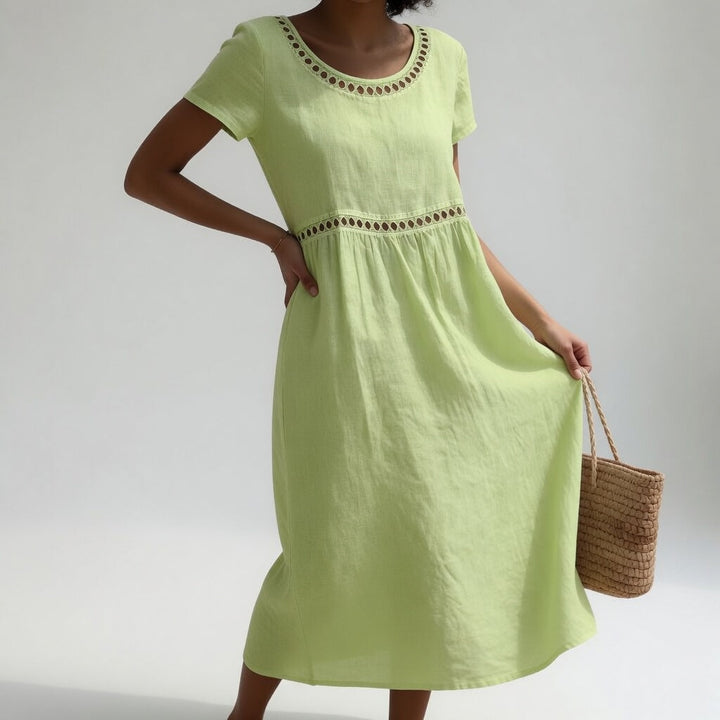 Virginia™ Eyelet Trim Midi Dress in green, front view