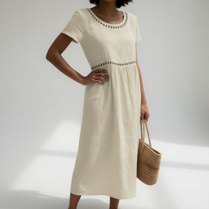 Virginia™ Eyelet Trim Midi Dress in off white, front view