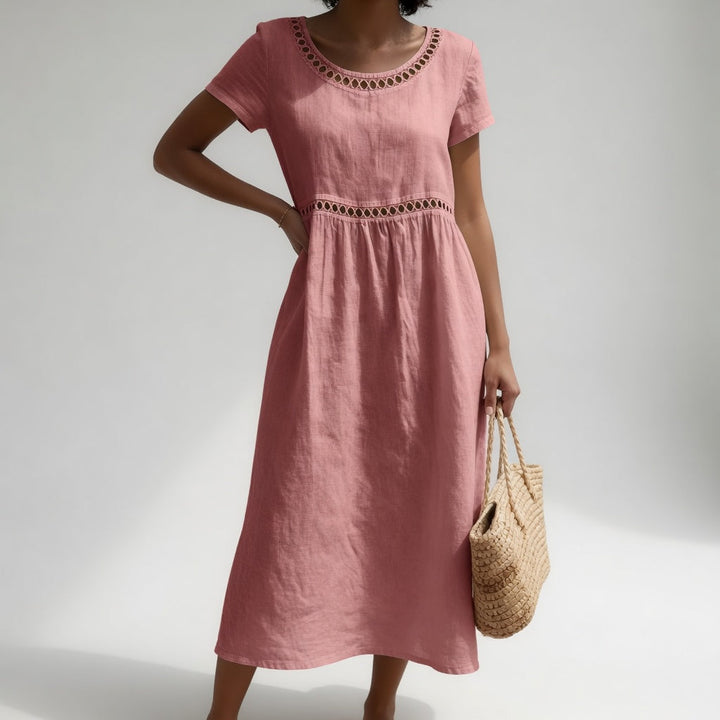 Virginia™ Eyelet Trim Midi Dress in pink, front view