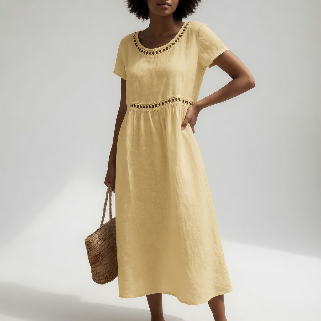 Virginia™ Eyelet Trim Midi Dress in yellow, front view